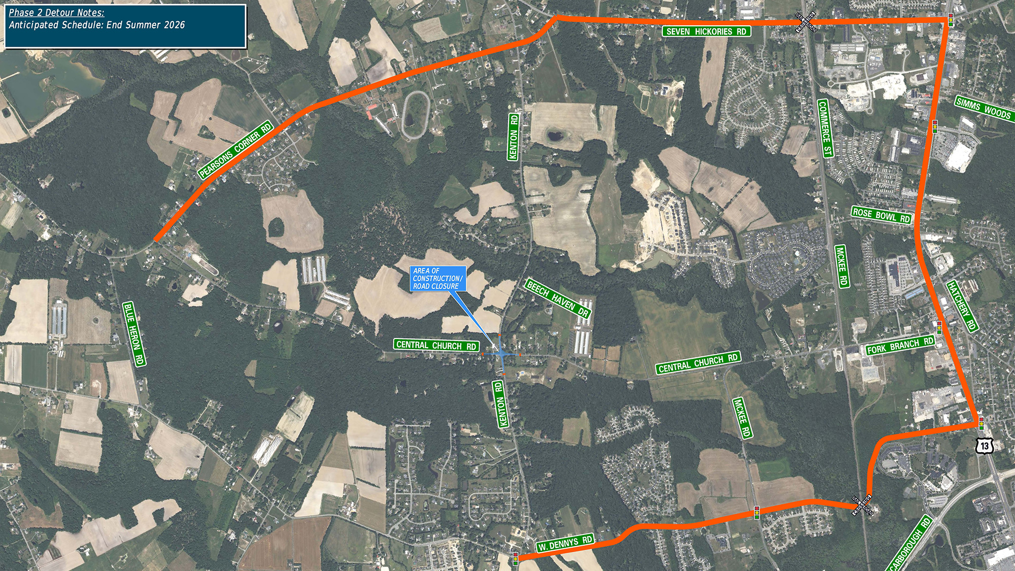 Aerial of map showing detour for phase 2 construction of roundabout.
